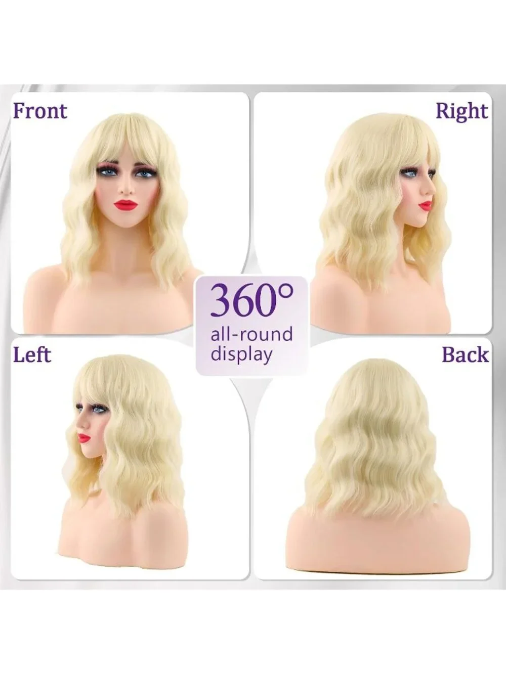 Women's Blonde 14 Inch Heat Resistant Synthetic Short Wavy Bob Wigs Bangs